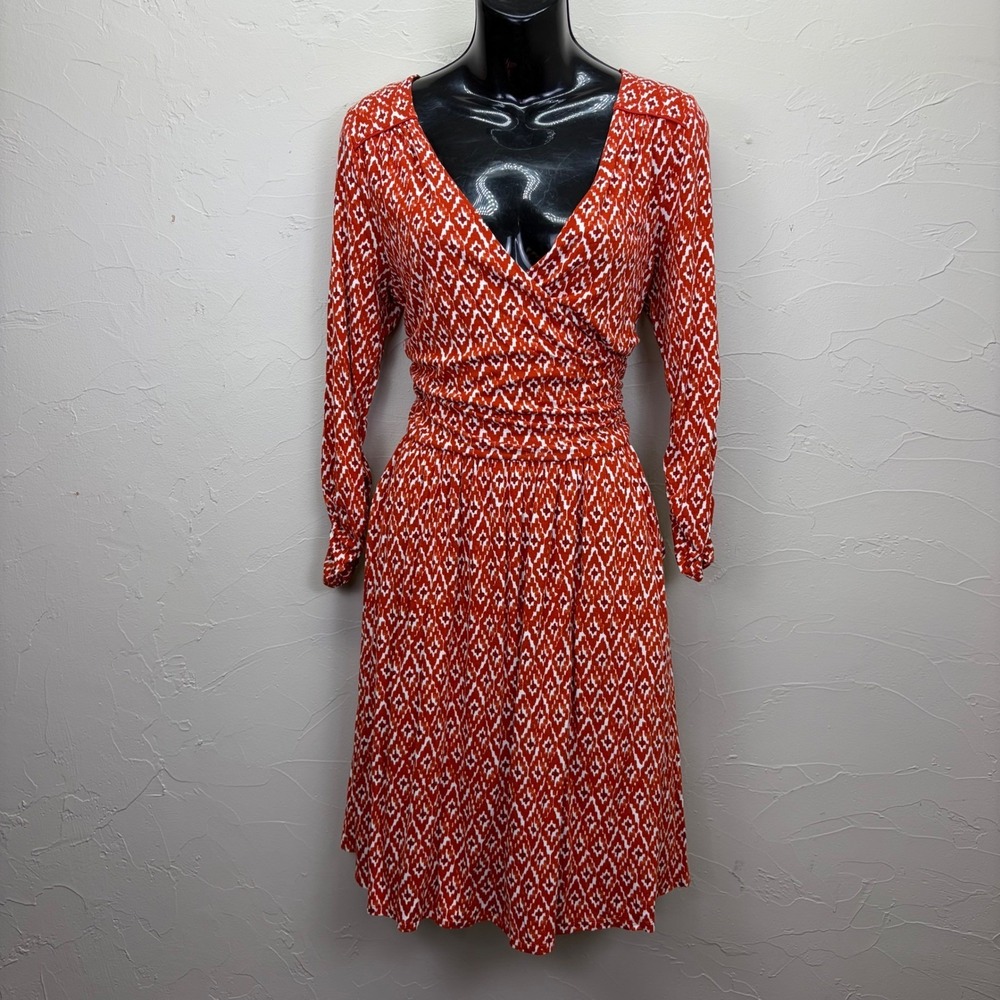 Maeve Anthropologie Womens Midi Wrap Style Dress Red‎ Aztec Boho Southwestern
